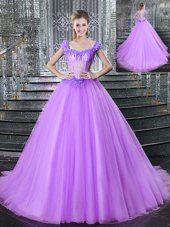 Noble Brush Train Ball Gowns 15 Quinceanera Dress Lilac Straps Tulle Sleeveless With Train Lace Up