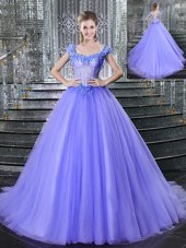High Class Lavender Lace Up Straps Beading Quinceanera Gowns Tulle Sleeveless Brush Train