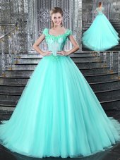 Admirable Straps Straps Aqua Blue Ball Gowns Beading and Appliques Quince Ball Gowns Lace Up Tulle Sleeveless With Train
