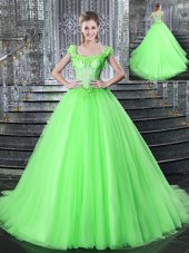 Straps Straps With Train Sweet 16 Dress Tulle Brush Train Sleeveless Beading and Appliques