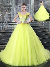 Stunning Straps Straps With Train Yellow 15 Quinceanera Dress Tulle Brush Train Sleeveless Beading and Appliques