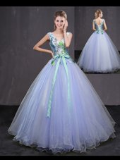 Designer Sleeveless Tulle Floor Length Lace Up 15th Birthday Dress in Lavender for with Appliques and Belt