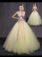 Edgy Light Yellow Sleeveless Floor Length Appliques and Belt Lace Up 15 Quinceanera Dress