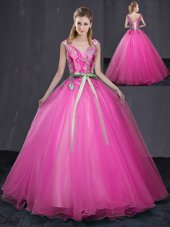 High End Tulle Sleeveless Floor Length Quinceanera Dress and Appliques and Belt