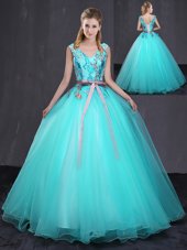 Graceful Aqua Blue Sleeveless Tulle Lace Up Quinceanera Gown for Military Ball and Sweet 16 and Quinceanera