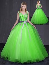 Ball Gowns V-neck Sleeveless Tulle Floor Length Lace Up Appliques and Belt Quinceanera Dresses