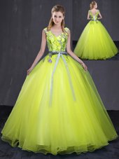 Luxurious Yellow Green Sleeveless Floor Length Appliques and Belt Lace Up Quinceanera Dress