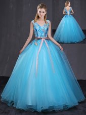 Superior Blue Sleeveless Tulle Lace Up Ball Gown Prom Dress for Military Ball and Sweet 16 and Quinceanera