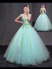 Elegant Aqua Blue Sleeveless Floor Length Appliques and Belt Lace Up 15th Birthday Dress