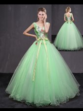 Fashionable Tulle Sleeveless Floor Length Ball Gown Prom Dress and Appliques and Belt