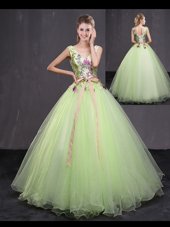 Fashionable Yellow Green Sleeveless Floor Length Appliques and Belt Lace Up Ball Gown Prom Dress