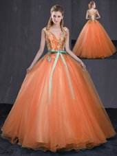 Eye-catching Orange Sleeveless Beading and Belt Floor Length Sweet 16 Dresses