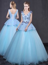 Smart Floor Length Light Blue Sweet 16 Dress V-neck Sleeveless Lace Up