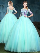 Inexpensive Scoop Apple Green Half Sleeves Tulle Lace Up Sweet 16 Quinceanera Dress for Military Ball and Sweet 16 and Quinceanera