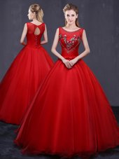 High End Floor Length Red Sweet 16 Quinceanera Dress Scoop Sleeveless Lace Up