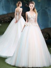 Hot Selling V-neck Sleeveless Quinceanera Dress With Brush Train Appliques White Tulle