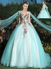 Glorious With Train Ball Gowns Sleeveless Aqua Blue Sweet 16 Dresses Brush Train Lace Up