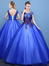 Sophisticated Scoop Royal Blue Lace Up 15th Birthday Dress Appliques Cap Sleeves Floor Length