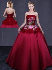 Wonderful Wine Red Sleeveless Embroidery Floor Length Quince Ball Gowns