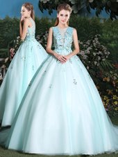 Nice Scoop Sleeveless Beading and Appliques Lace Up Vestidos de Quinceanera with Light Blue Brush Train