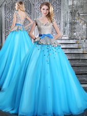 Gorgeous Baby Blue Sleeveless Tulle Brush Train Lace Up Vestidos de Quinceanera for Military Ball and Sweet 16 and Quinceanera