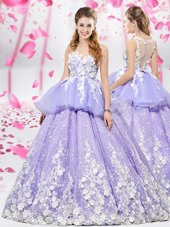 Dazzling Scoop Lavender Lace Up Sweet 16 Dress Appliques Sleeveless Floor Length