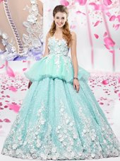 Hot Selling Organza and Tulle Scoop Sleeveless Lace Up Lace and Appliques Vestidos de Quinceanera in Apple Green