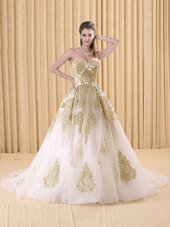 Cheap Organza Sweetheart Sleeveless Sweep Train Lace Up Appliques Sweet 16 Dresses in White