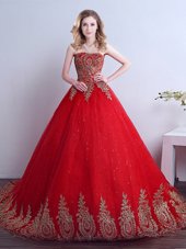 Unique Red Strapless Lace Up Appliques and Sequins Sweet 16 Dresses Court Train Sleeveless