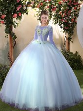 Chic Big Puffy Light Blue Lace Up Scoop Appliques 15 Quinceanera Dress Tulle Long Sleeves