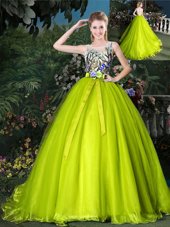 Edgy Scoop Sleeveless Organza Court Train Lace Up Quinceanera Gown in Olive Green for with Beading and Appliques and Belt