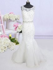 Hot Sale Mermaid Scoop Backless Organza Sleeveless Wedding Dress Brush Train and Beading and Lace and Appliques and Bowknot