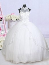 Superior Halter Top Sleeveless Brush Train Lace Up Bridal Gown White Tulle