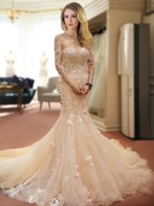 Pretty Mermaid Champagne Tulle Lace Up Bridal Gown Sleeveless With Train Court Train Appliques and Hand Made Flower