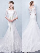 Mermaid With Train White Wedding Gowns Scoop Half Sleeves Court Train Lace Up