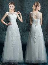 Cute Scoop Sleeveless Appliques Lace Up Wedding Dress