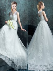 With Train White Bridal Gown V-neck Sleeveless Brush Train Lace Up