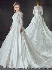Classical White Zipper Wedding Gowns Lace and Appliques Long Sleeves With Train Chapel Train