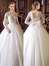 Customized Floor Length White Bridal Gown Scoop Long Sleeves Lace Up