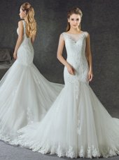 Modern Mermaid White Scoop Lace Up Lace and Appliques Wedding Dress Court Train Sleeveless
