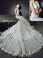 Pretty Mermaid White Side Zipper Scoop Lace Wedding Gowns Tulle Sleeveless Court Train