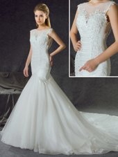 Modern Mermaid Scoop Sleeveless With Train Lace and Appliques Side Zipper Wedding Gown with White Chapel Train