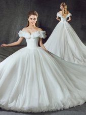 Sexy Backless White Tulle Lace Up Off The Shoulder Sleeveless With Train Wedding Gown Court Train Appliques