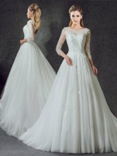 Exceptional White A-line Tulle Scoop 3|4 Length Sleeve Lace Lace Up Wedding Gowns Court Train