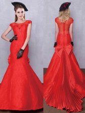 Cute Mermaid Red Taffeta and Lace Zipper Scoop Short Sleeves Bridal Gown Brush Train Lace and Bowknot and Pleated