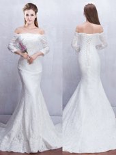 Customized Mermaid Off the Shoulder With Train Lace Up Wedding Dresses White and In with Lace Brush Train