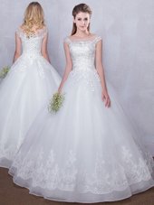 Superior White Tulle Lace Up Scoop Cap Sleeves Floor Length Bridal Gown Lace