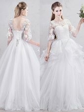 Simple White Ball Gowns Tulle Scoop Half Sleeves Lace and Ruffles With Train Lace Up Wedding Dress Brush Train