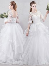 Captivating With Train White Wedding Dress Scoop Half Sleeves Brush Train Lace Up