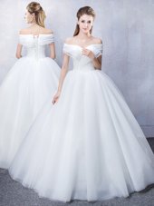 Ruffled Off The Shoulder Short Sleeves Tulle Wedding Gown Ruching Lace Up